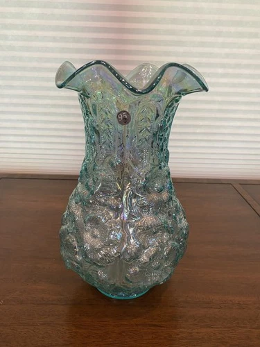 BEAUTIFUL 95th Anniversary Teal Iridescent POPPY SHOW Glass Vase W/LABEL 12.5"H