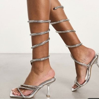 SIMMI Alisa-2 Heeled Sandals 7 Silver Rhinestone Spiral Wrap Around Glam