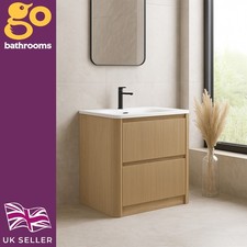 Oak Ribbed Vanity Unit Wave 800mm Floor Standing Drawer Unit & Matt White Basin