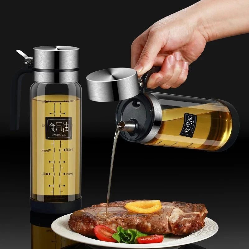 Glass Oil Bottle Leakproof Dispenser Flip Lid Vinegar Soy Sauce Pot