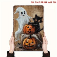 Halloween Metal Sign Vintage Cute Ghost Black Cat Aluminum Sign 8x12 Funny