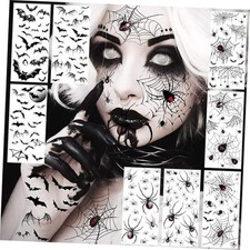 9 Sheets Halloween Spider Web Face Tattoo Stickers, Bat Half Arm Black
