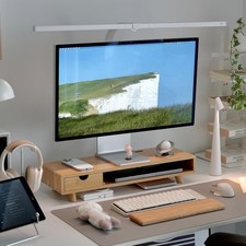 Bamboo Monitor Stand Riser with Drawer Cable Management Wood Desk Organizer