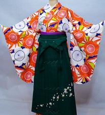 Furisode Kimono  Hakama  Obi sash, Jyuban set L Size Brand New Orang Green F/S