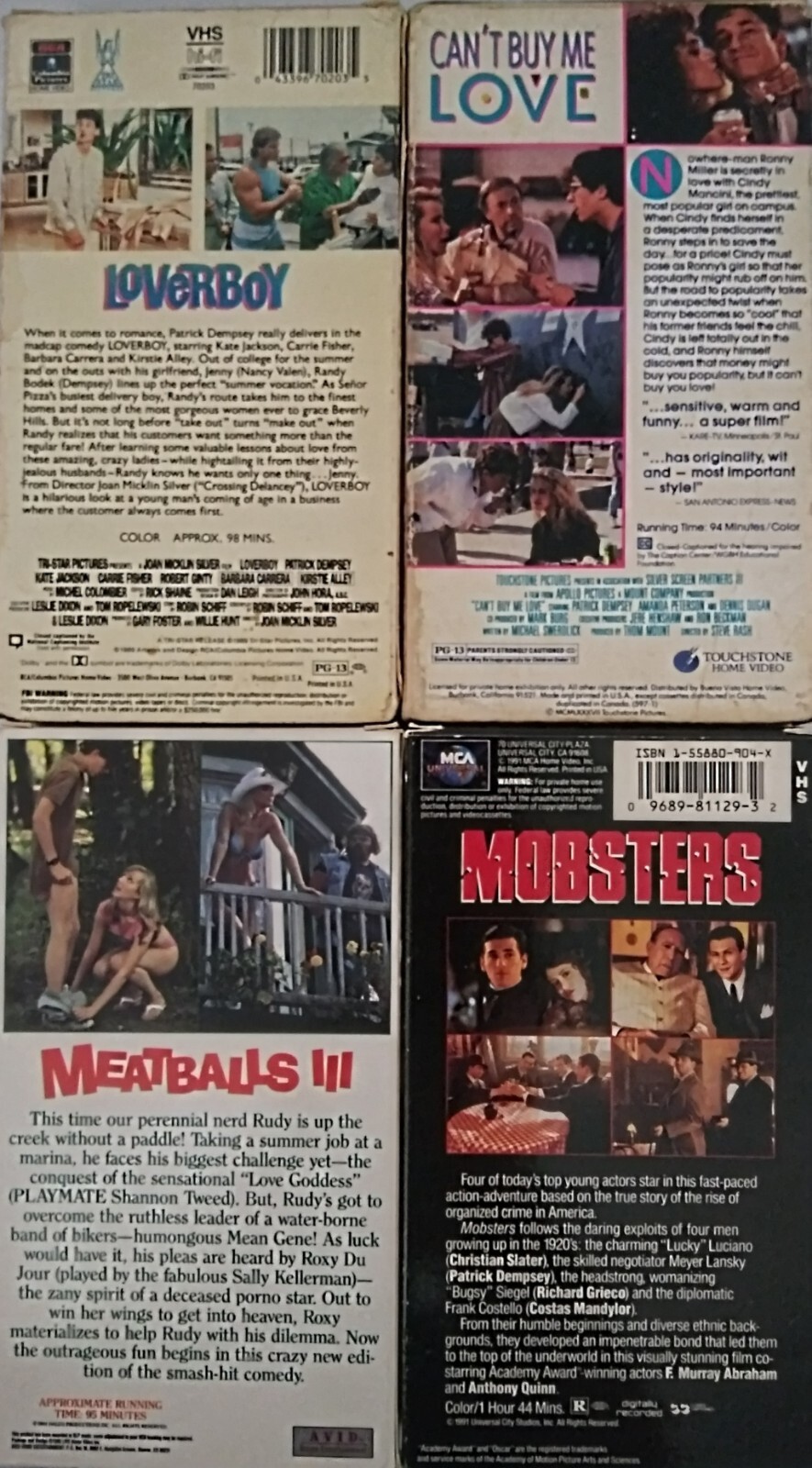 4 Patrick Dempsey VHS Tape Lot Loverboy Meatballs III Can't Buy Me Love