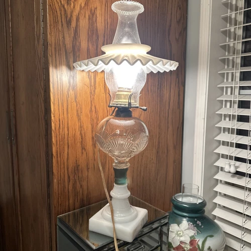 Antique Milk Glass Pleated Petticoat Shade Diffuser  W/ Oil Lamp Electrified