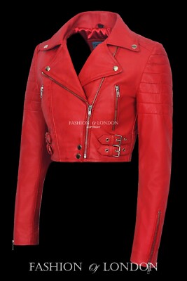 PROVOCATIVE Cropped Ladies Leather Jacket Red Biker Rock Style