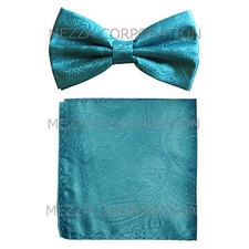 New men's pre-tied bowtie set paisley polyester formal wedding turquoise blue