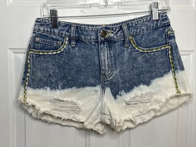 Free People Low Tide Dip Dye Bleach Embroidered Jean Shorts Raw Hem Size 26