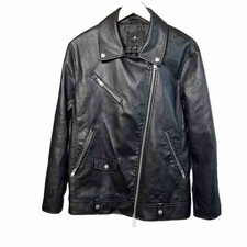 Seven For All Mankind Faux Leather Jacket Black Sz M Biker Pockets Zipper Casual
