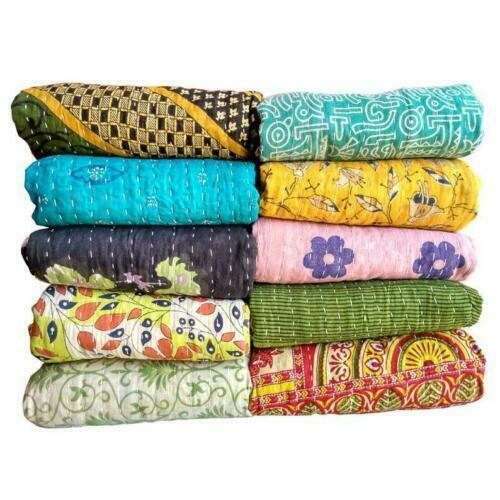 Vintage Kantha Quilt Reversible Bedspread Twin Cotton Coverlet Lot 5 Pcs - Picture 1 of 6