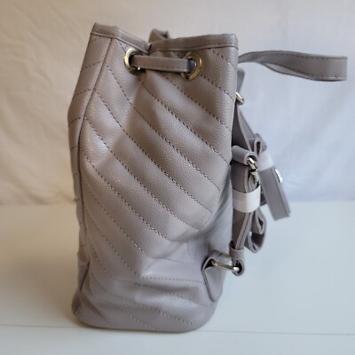 Belle Russo Drawstring Backpack in Gray Bella Russo Backpack Purse Gray Taupe Faux Leather Quilted  main image 2