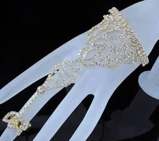 FLORAL AUSTRIAN RHINESTONE SLAVE GLOVE BRACELET WITH RING BANGLE B11983G GOLD