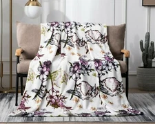 DaDa Bedding Soft Plush Fleece Throw Blanket Purple Floral Blossoms Garden Birds
