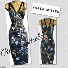 Karen Millen Black Floral Vintage Retro Bardot Evening Party Occasion Dress UK 8