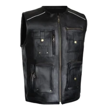 Motorcycle Leather New Black Riding Classic Utility Pockets Vest Concealed Carry