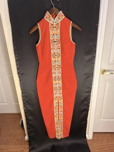 🌸 Authentic Cai Meiyue Red Embroidered Cheongsam Qipao Dress Sz S - product listing photo