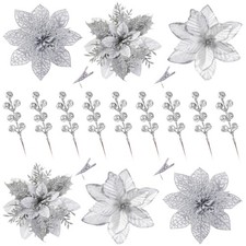 30 Pcs 3 Styles Christmas Glitter Poinsettia Flowers Artificial Berry Picks C...
