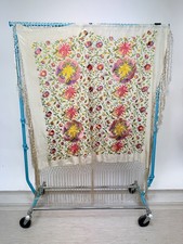 Antique 1920s flapper embroidered cream pink floral fringed square Piano Shawl