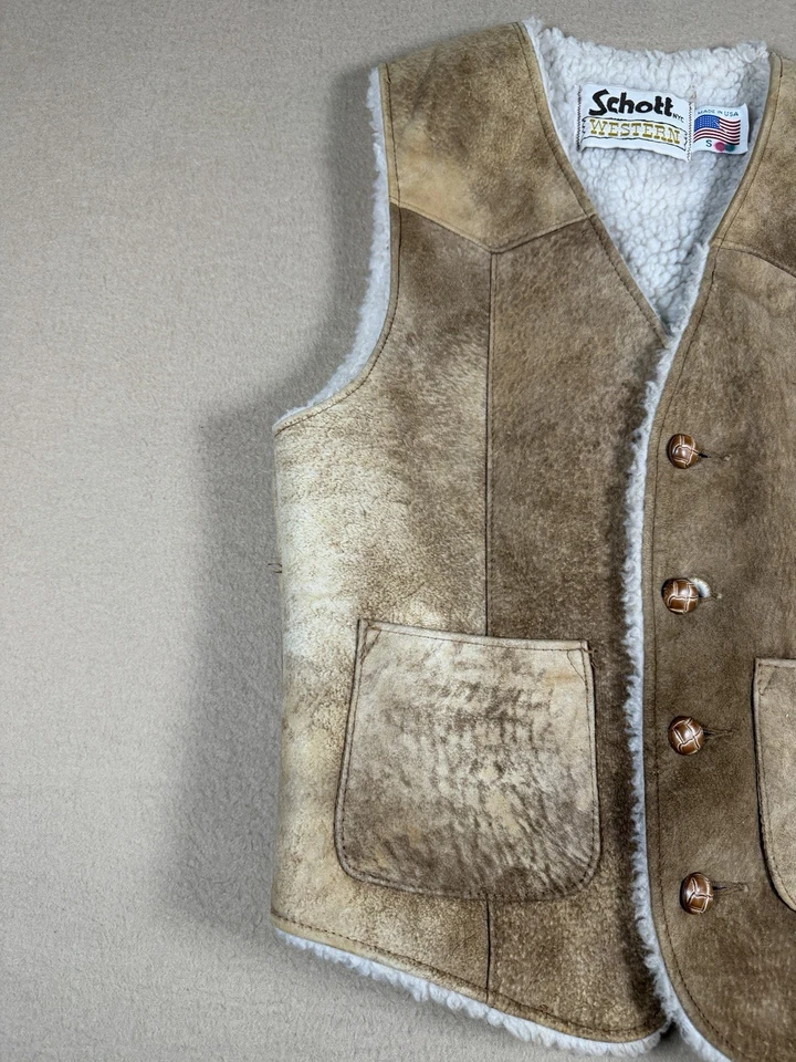 Chaleco Sherpa Western Vintage Schott Western Hecho en EE. UU. Gamuza Cuero Para Hombres S Foto 3 de 4