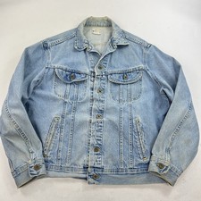 Vintage Lee Dungarees Made USA Trucker Jacket Denim Jean Size Large DISTRESSED