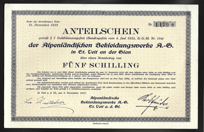 1927 Austria Five Schilling Financial Security for Carinthia Clothing Mfg. Co.