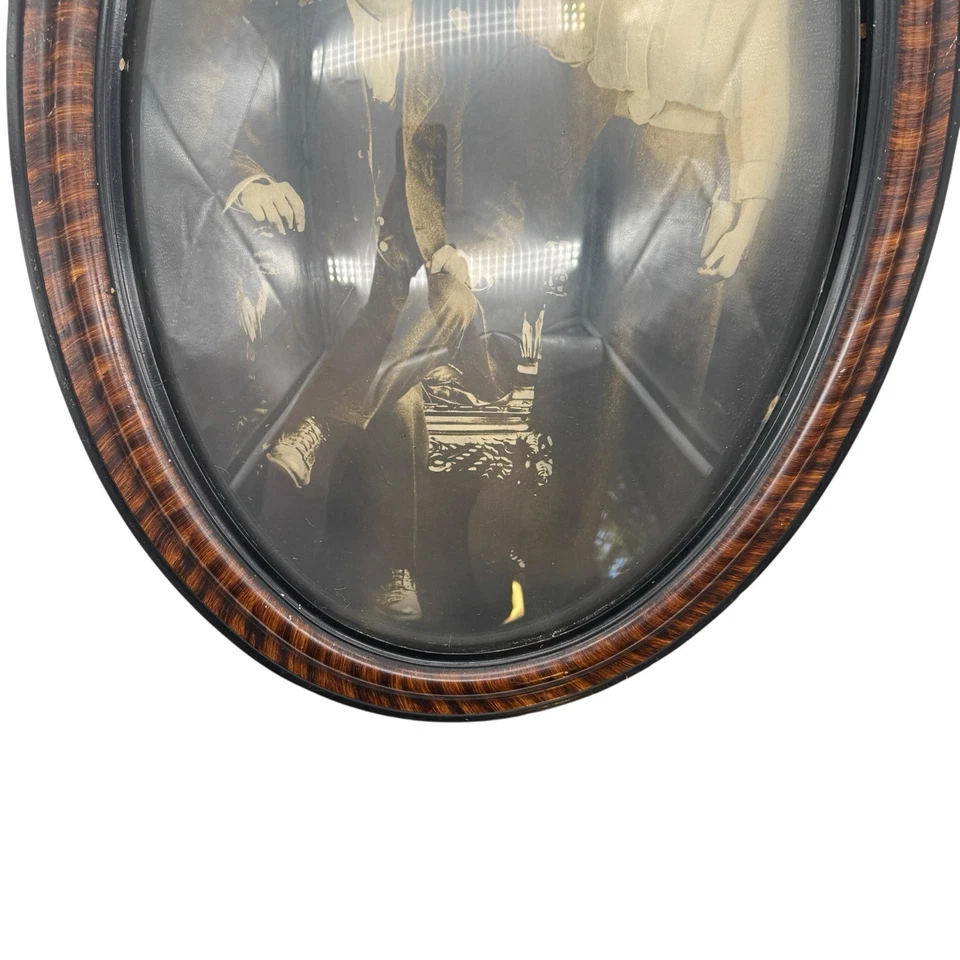 Antique Oval Tiger Stripe Wood Picture Frame Convex Glass 17"x23” Asian Couple - Image 4 of 4