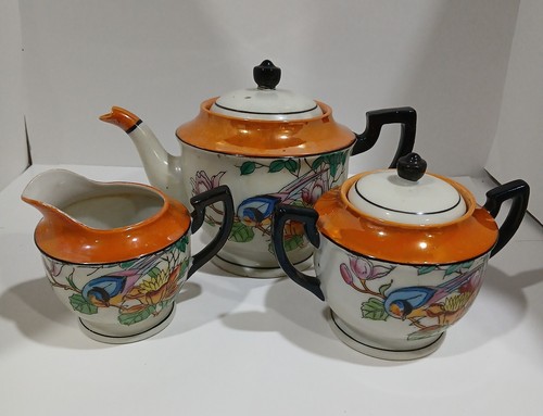 Vintage CHIKARAMACHI JAPAN Bird Lotus Flower Orange Luster Porcelain Tea Set pcs - Bild 5 von 9