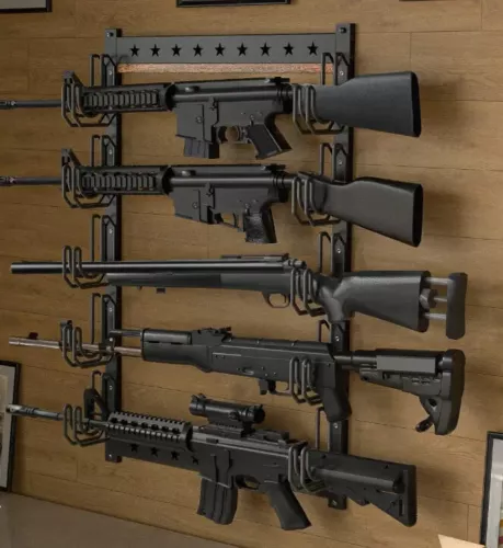Soporte para pistola de montaje en pared, 5 rifles escopeta arco suspensión horizontal, acero de alta resistencia - Imagen 1 de 9