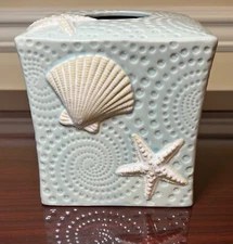 Ceramic Tissue Box Cover with Starfish and Clamshell Design (Ocean Theme)