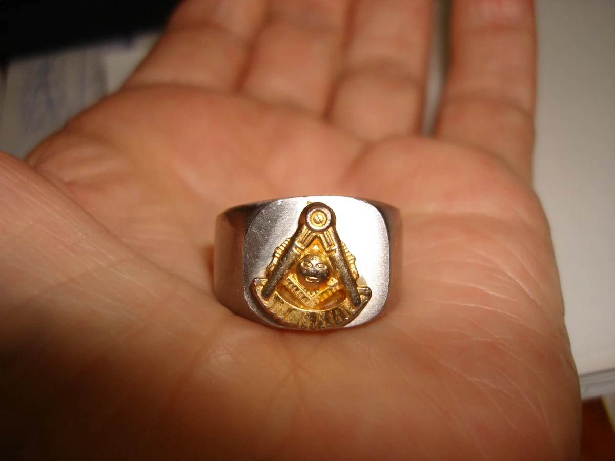 Vintage M.R.M. Inc Two Tone Stainless Steel Masonic Signet Pinky Ring Size 9.25
