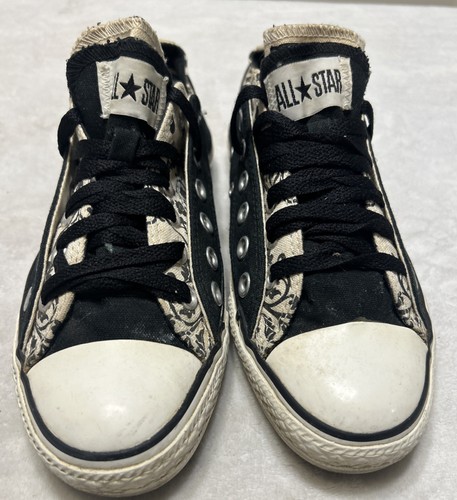 CONVERSE All Star Shoes Size 7 Paisley Black White Canvas Double Upper Tongue - Picture 3 of 8
