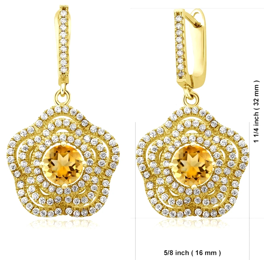 925 Yellow Gold Plated Silver 4.20 Ct Citrine Flower Dangle Earrings For Women - Image 3 of 4