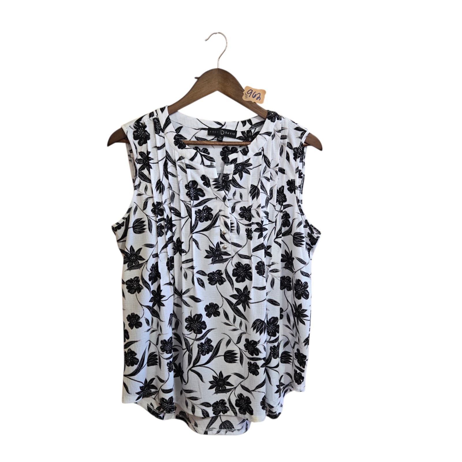 Fred David Women's Floral Tank Top Size XL White Black Flowers Sleeveless V Neck