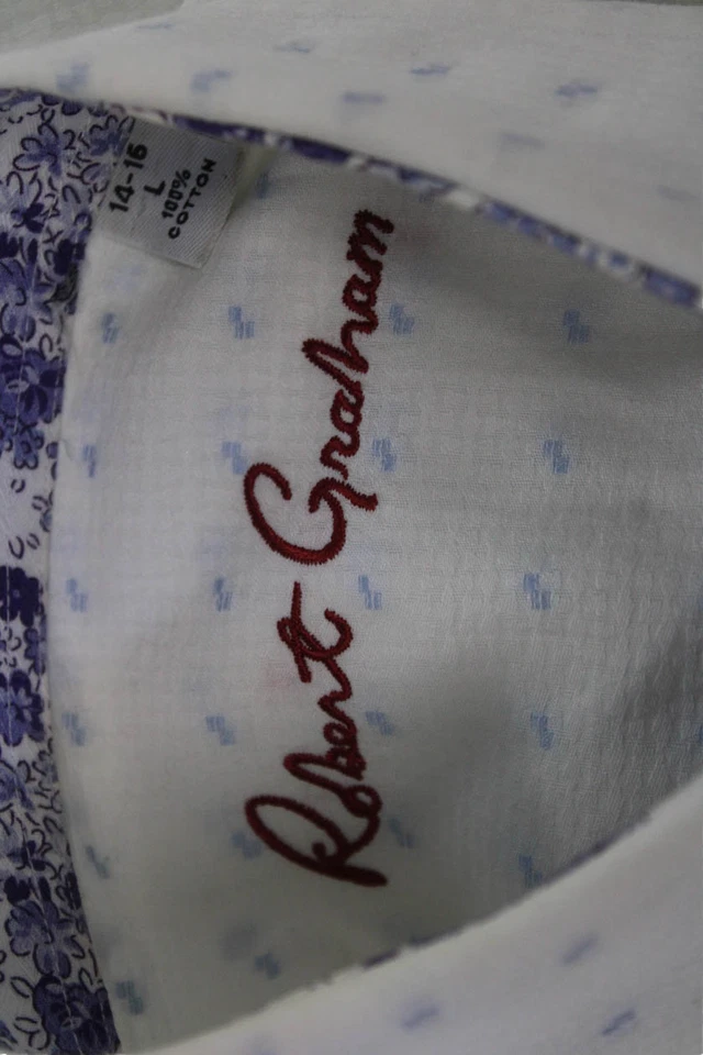 Camisa social Robert Graham infantil masculina com botões branca azul tamanho 14-16 - Imagem 3 de 4