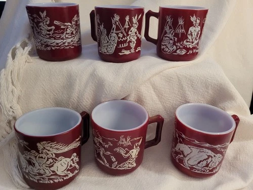 6 Vintage Maroon Hazel Atlas Childs Indian Mugs/Cups Milk Glass Native American