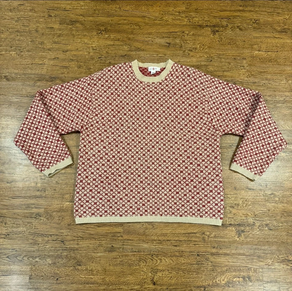 VTG J.CREW Oarsman Red Geometric Diamond Fisherman Wool Crewneck Sweater Men's L - Image 2 of 4