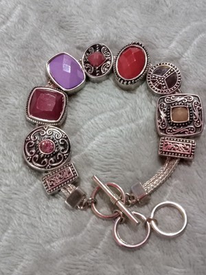 Antiqued Silver Ornate Slide Toggle Bracelet Shades Of Purple Adjustable 