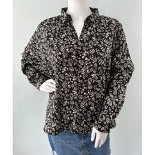 ICHI Antiquites Linen Flower Print 100 Linen Oversized Button Up Shirt Blouse