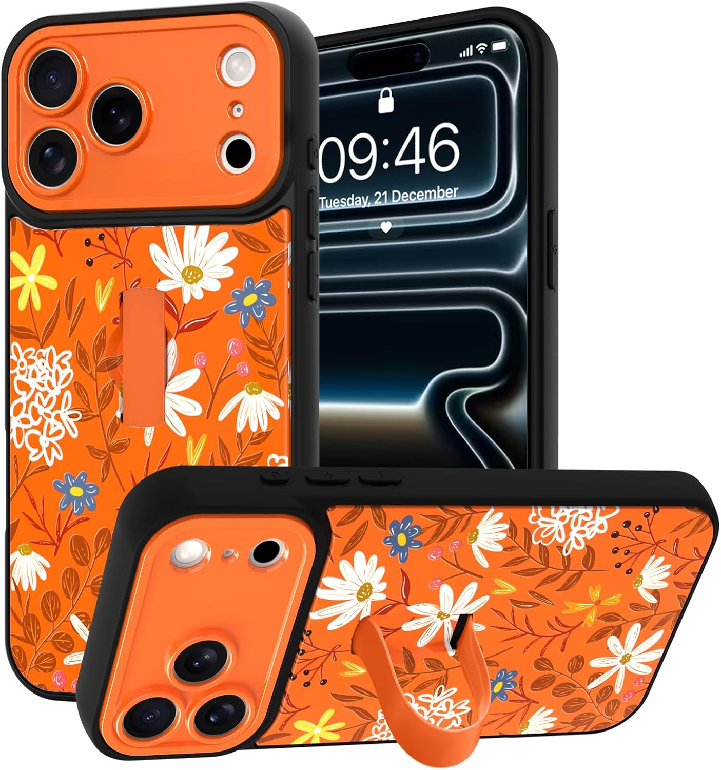 for Iphone 17 Pro Max Case with Finger Strap Kickstand, Cute Flower Leaves Patte