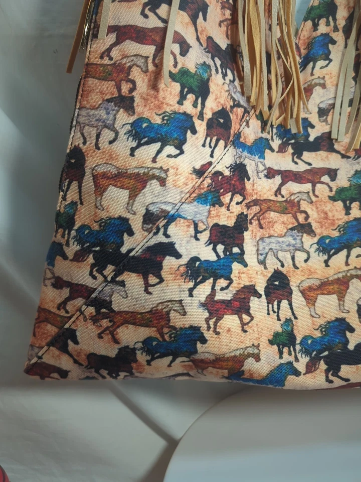 Bolso Boho de Hombro Estampado de Caballo Flecos Lona Sensación Cuero Sintético Grande Foto 3 de 4