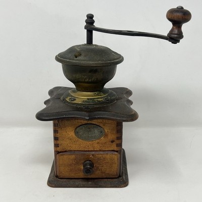Antique PeDe Coffee Grinder German Cast Iron Wood Mill c1905-1920