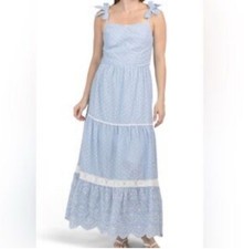 Shabby Chic Womens 4 Blue White Striped Eyelet Cottagecore Tiered Maxi Dress NWT