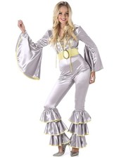 Silver Disco Jumpsuit 70s Dancing Queen Hippie Retro Adult Womens Costume