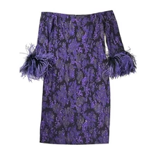 New Teri Jon by Rickie Freeman Purple Floral Off Shoulder Dress Sz 4 Feathers