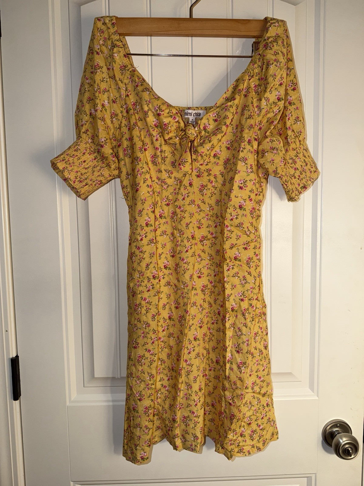 Mimi Chica Yellow Floral Puff Sleeve Dress Medium Cottagecore Boho Tie Front, photo 2