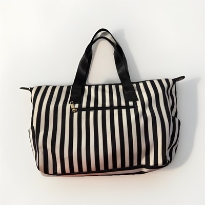Alice + Olivia Black White Striped Tote Bag with Zip Closure and 