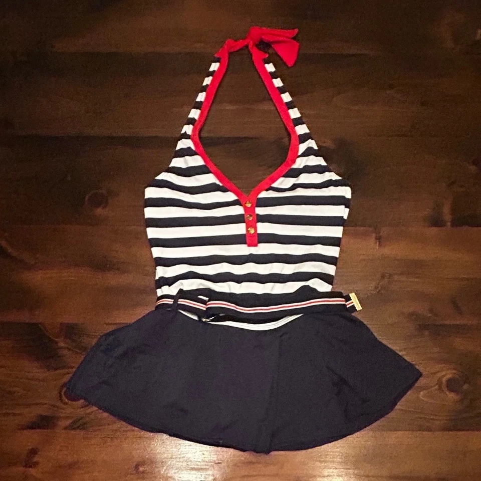 Tommy Hilfiger Swim Dress Women's Size 14 Navy White Striped Halter Gold Button - Image 3 of 4