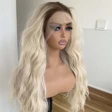 Ombre Blonde Heat Resistant Synthetic Hair Natural Long Wavy Frontal T Lace Wig
