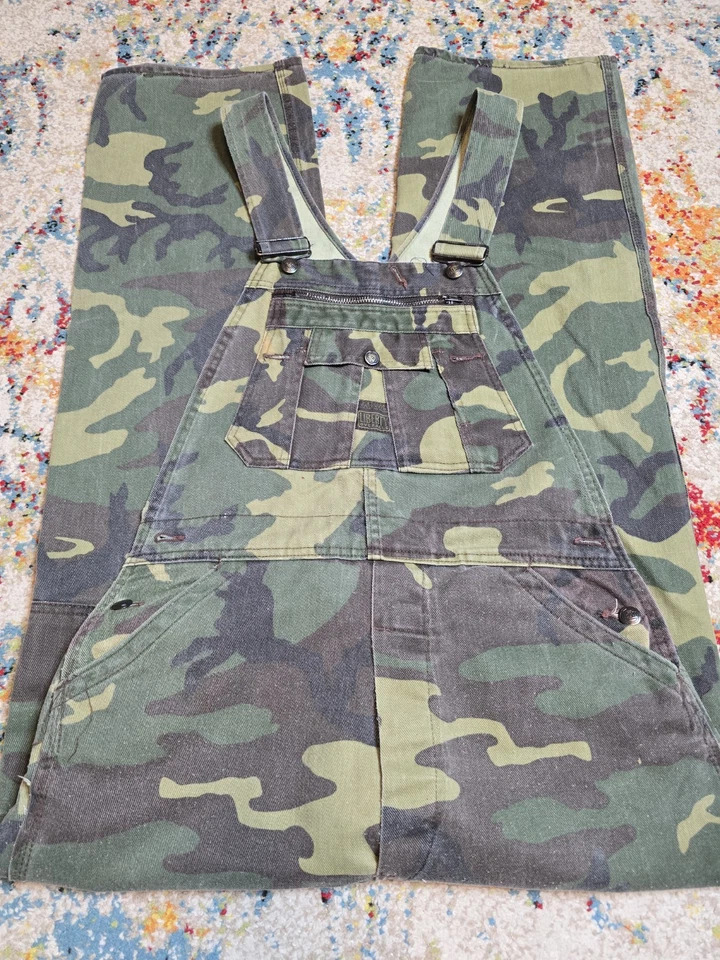 Vintage 90s Liberty Woodland Camo Overalls Hunting Pants Double Knee Denim 34x32 - Image 2 of 4